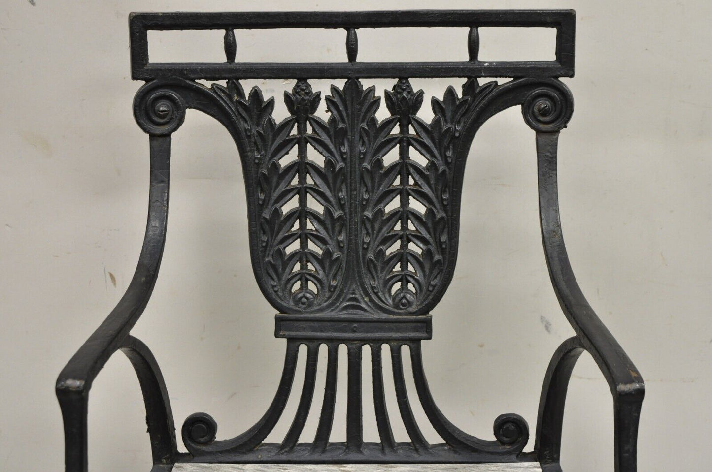 Antique French Regency Style Cast Iron Wooden Slat Garden Arm Chair