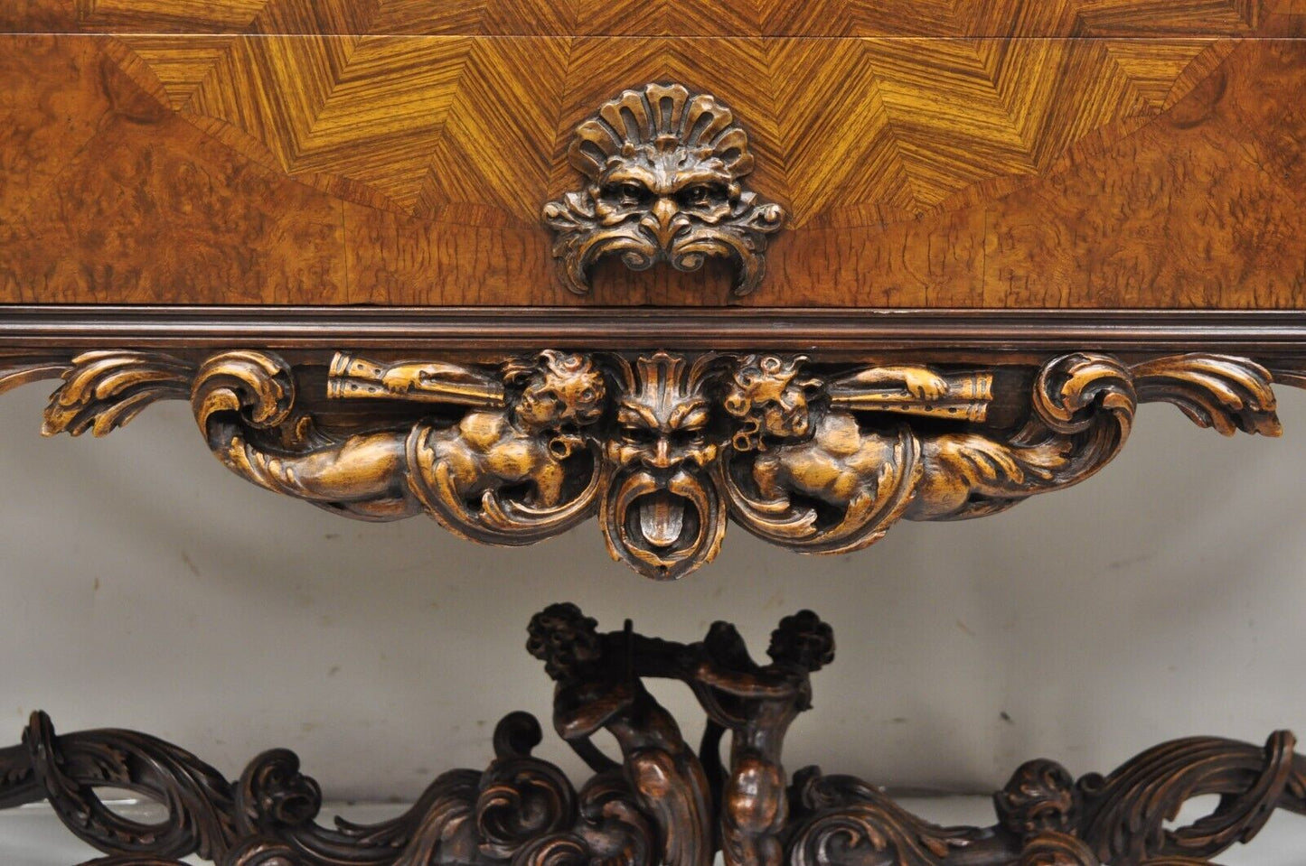 French Renaissance Louis XV Style Figural Carved Walnut Curio Display Buffet