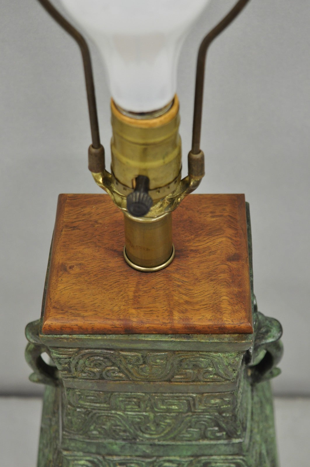 Vintage Oriental Verdigris Green Archaic Bronze Figural Chinese Table Lamp