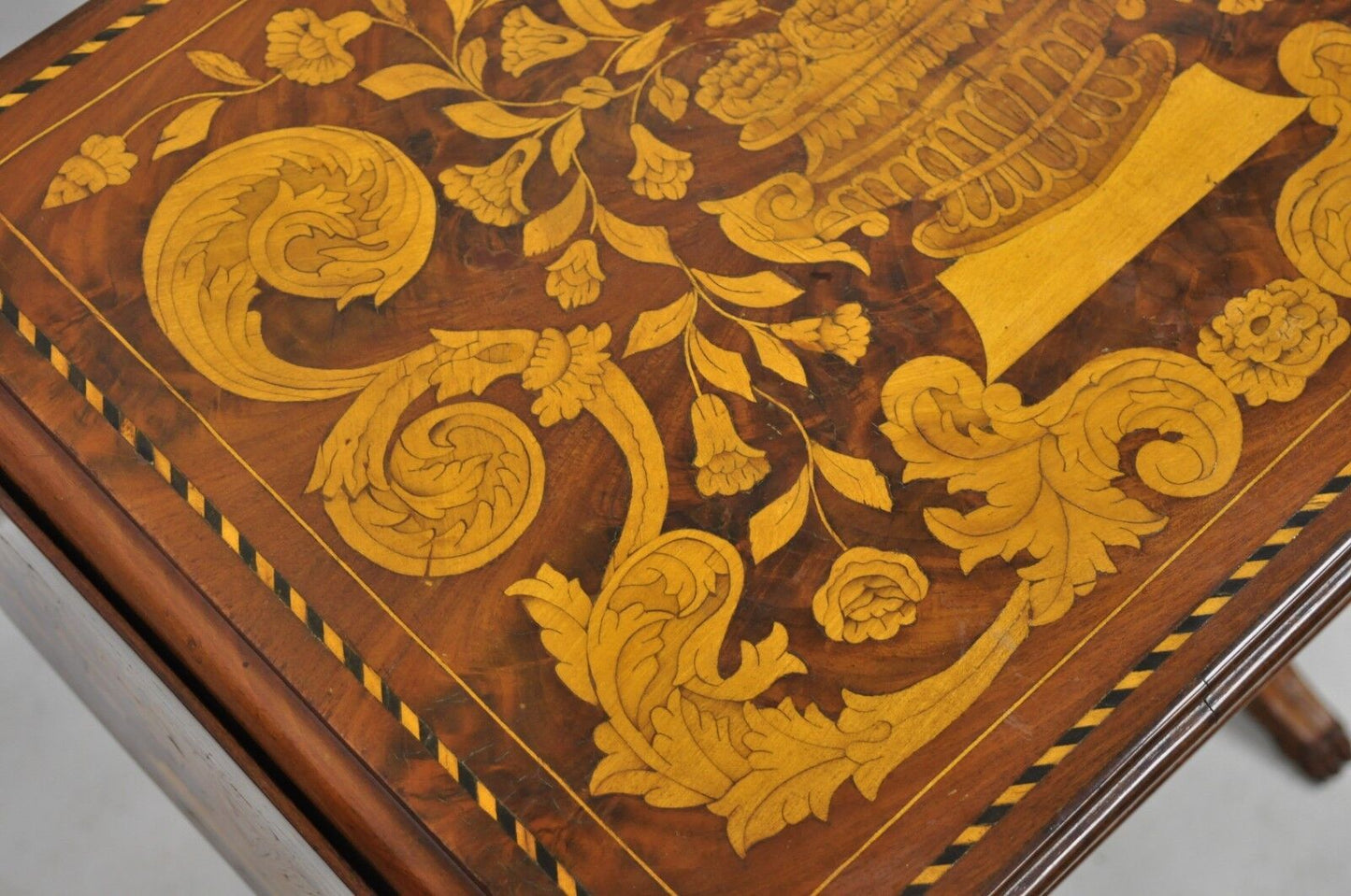 19th C. Dutch Marquetry Inlaid Regency Style Drop Leaf Sewing Stand Work Table