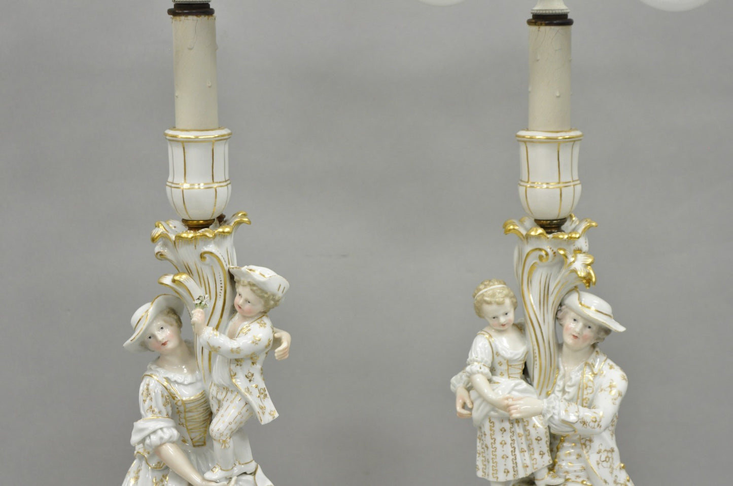 Antique Meissen Porcelain German Figural Lighted Candlestick Table Lamps - Pair