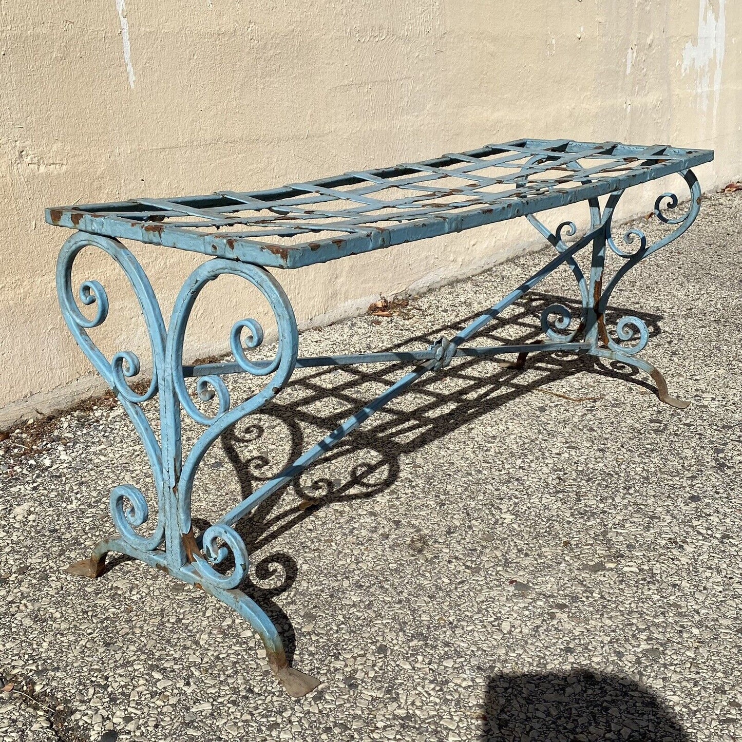 Antique French Art Nouveau Scrolling Wrought Iron Metal Strap Garden Patio Bench