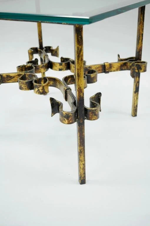 Vintage Spanish Hollywood Regency Gold Gilt Iron Square Glass End Tables - Pair