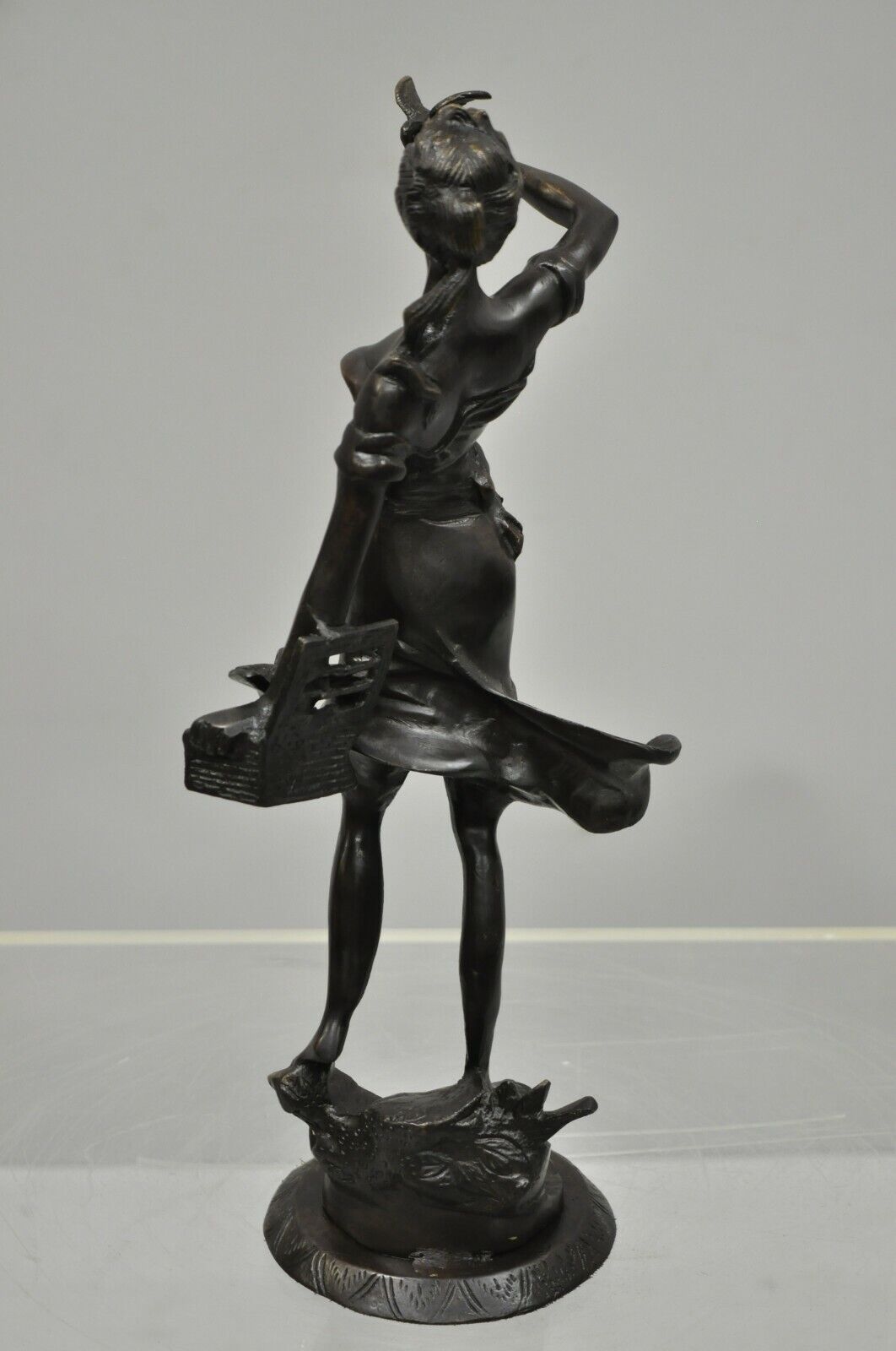 Bronze Sculpture Woman w/ Birds & Basket 15" Statue Figure After Emile Guillemin