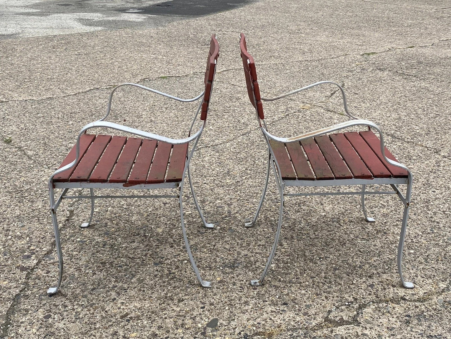 Vintage Wrought Iron Wood Slat French Style Garden Patio Outdoor Chairs - a Pair