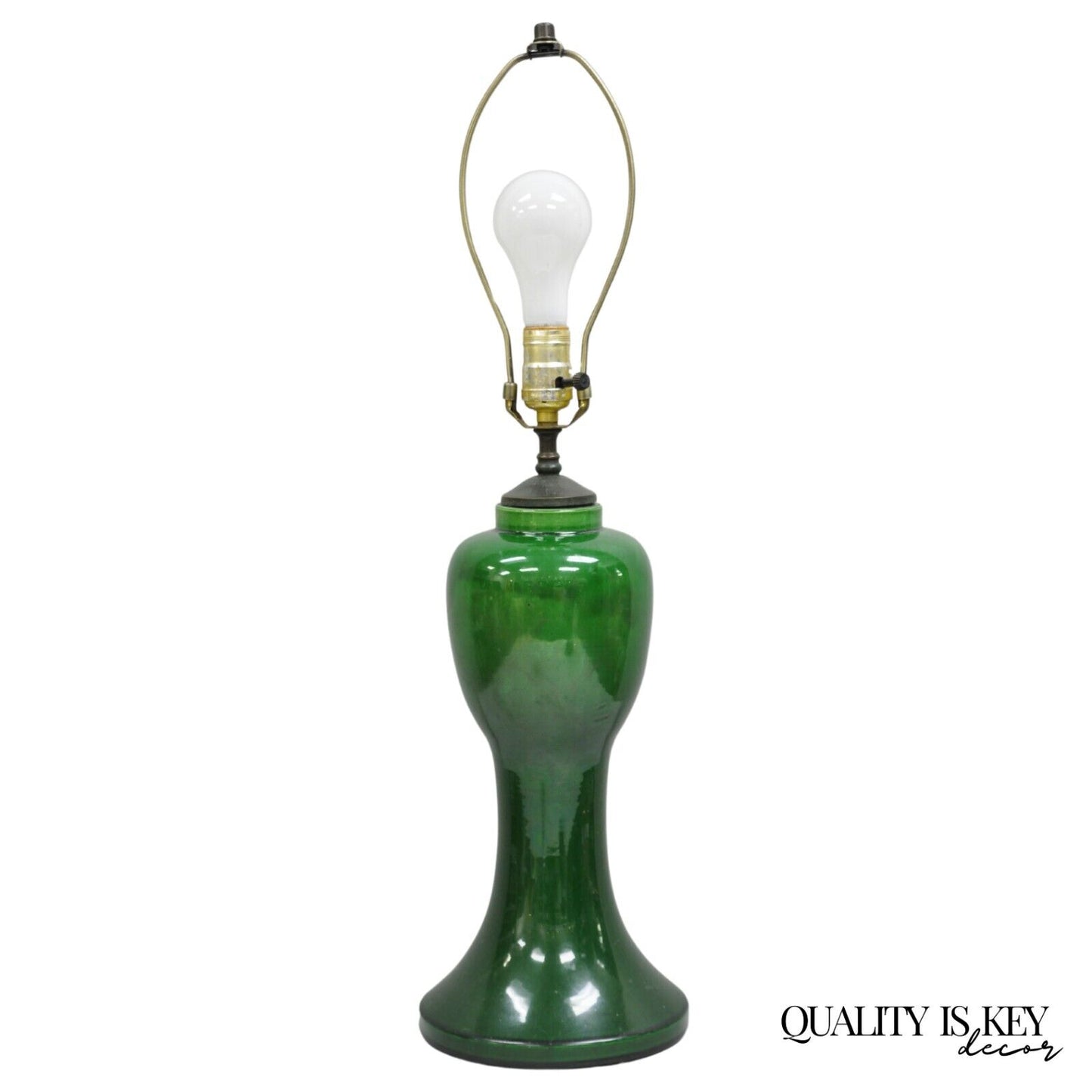 Antique Chinoiserie Japanese Ceramic Pottery Green Bulbous Vase Table Lamp
