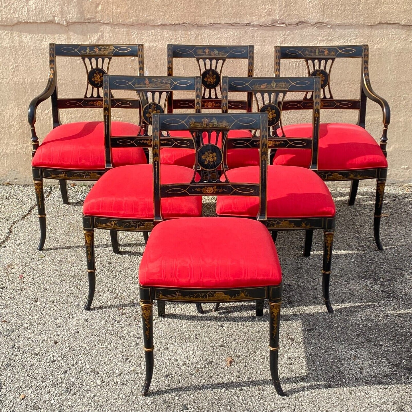 Union National Chinoiserie English Regency Black Painted Dining Chair - Set of 6