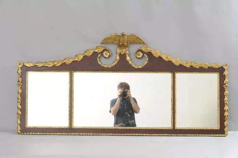 Antique Biggs Federal Parcel Gilt Mahogany Three Panel Overmantel Wall Mirror