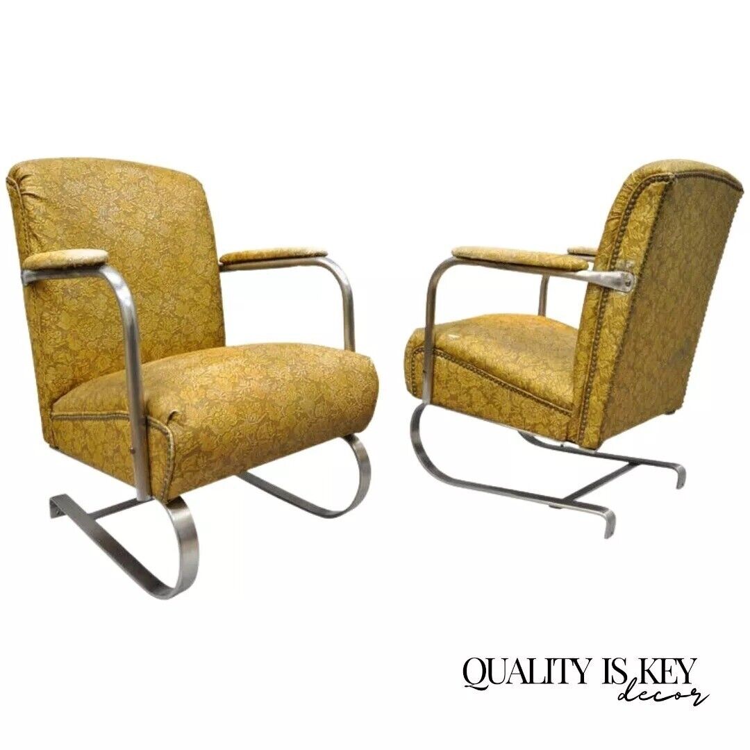 Art Deco Lloyd KEM Weber Style Chrome Steel Springer Lounge Chairs - a Pair