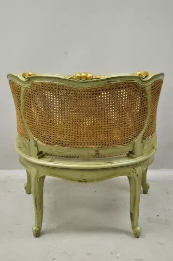 Antique French Louis XV Style Green Distressed Gold Gilt Cane Bergere Arm Chair