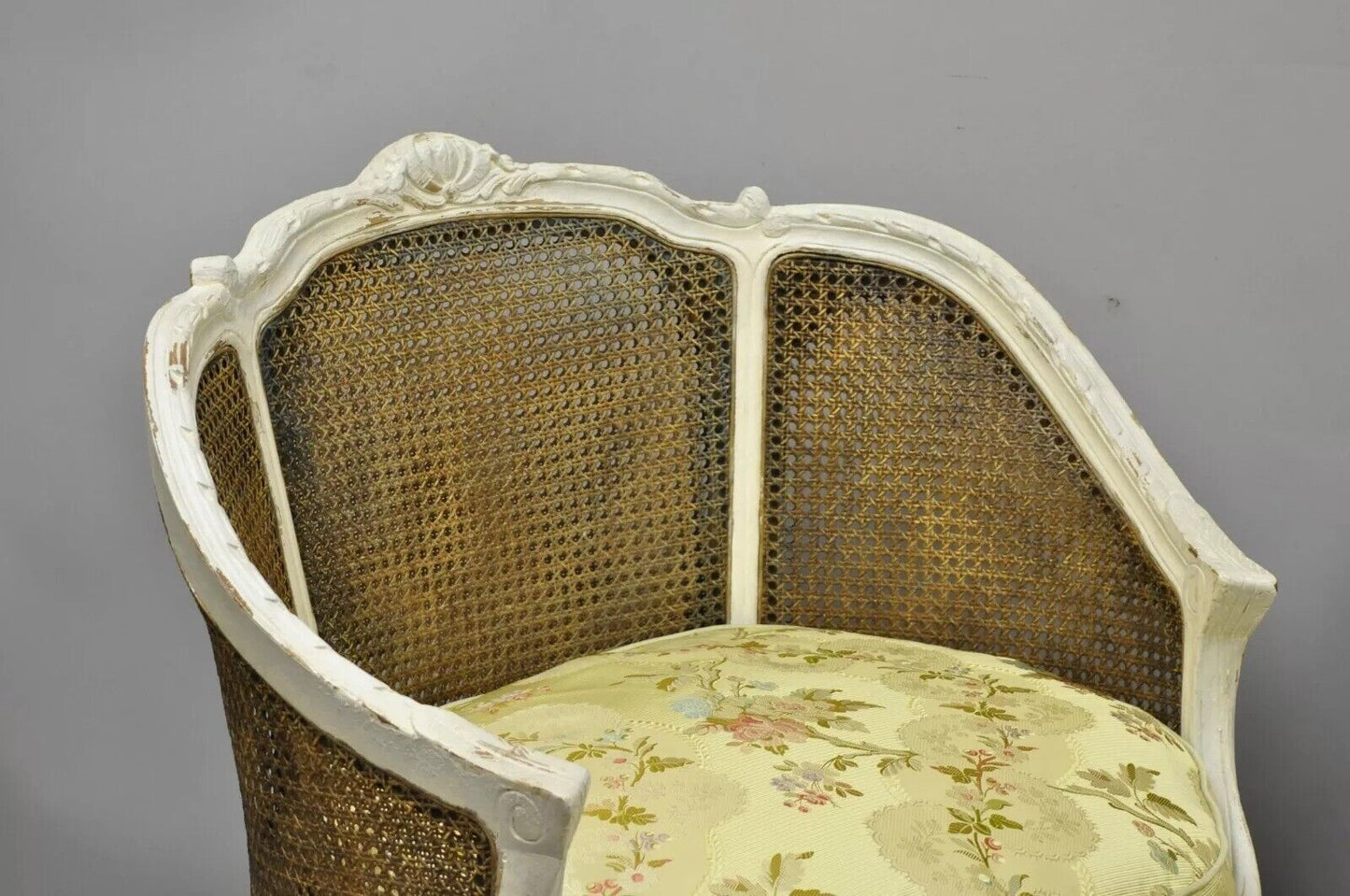 French Louis XVI Style White Distress Painted Cane Bergere Club Chairs - a Pair
