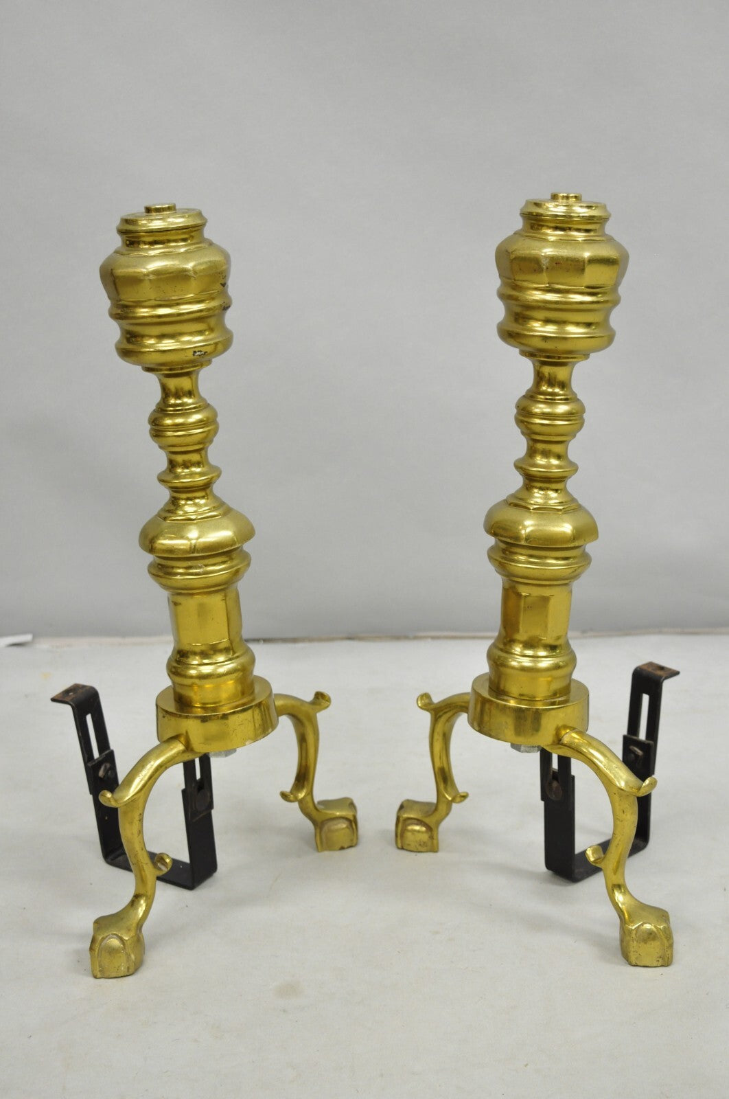Vintage Federal Style Brass Branch Foot Gold Fireplace Andirons - a Pair
