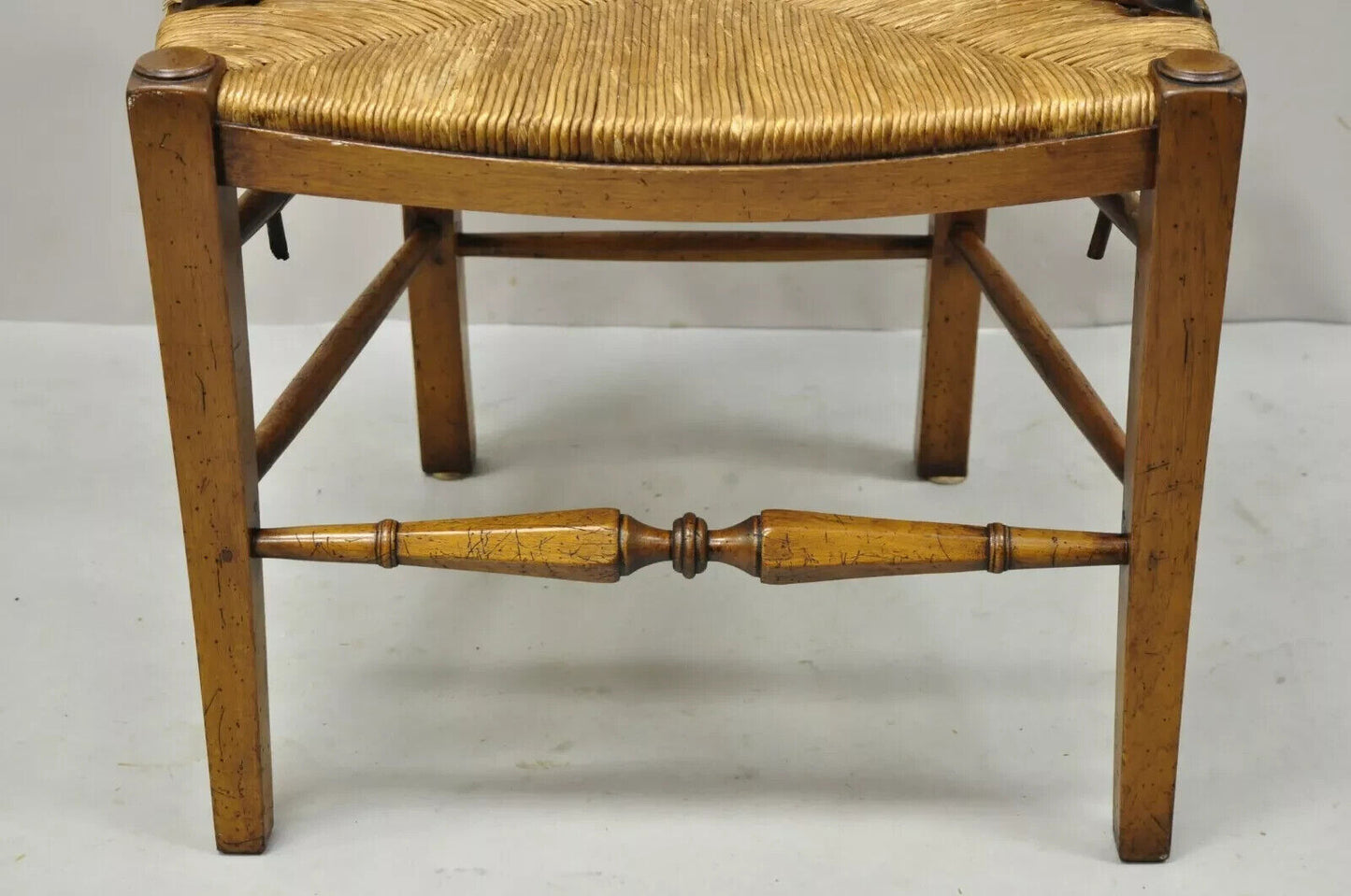 Vintage French Country Cherry Wood Italian Distressed Rush Seat Dining Arm Chair