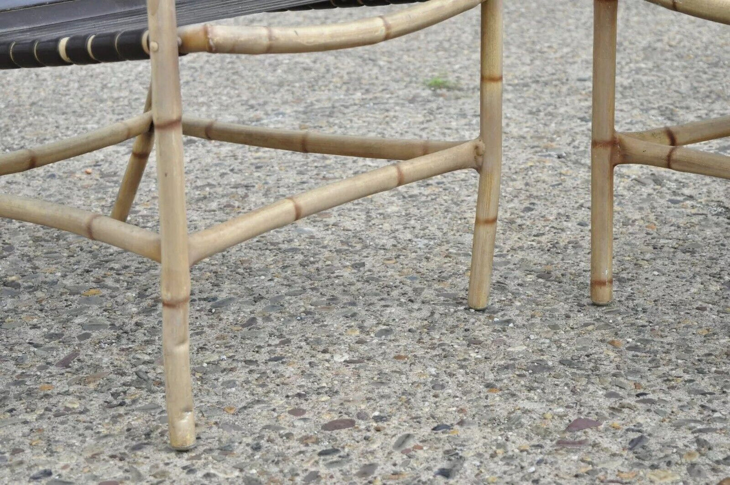 Faux Bamboo Chinese Chippendale Aluminum Vinyl Strap Pool Arm Chairs - a Pair