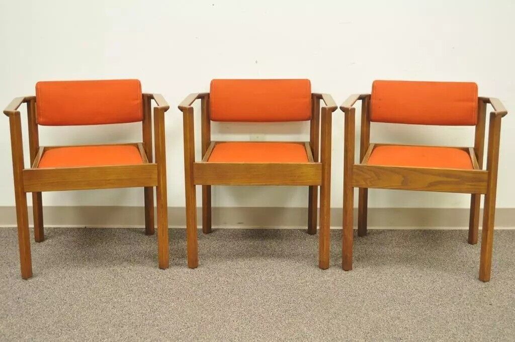 Vintage Kimball Mid Century Modern Oak Stacking Dining Arm Chairs - Set of 3