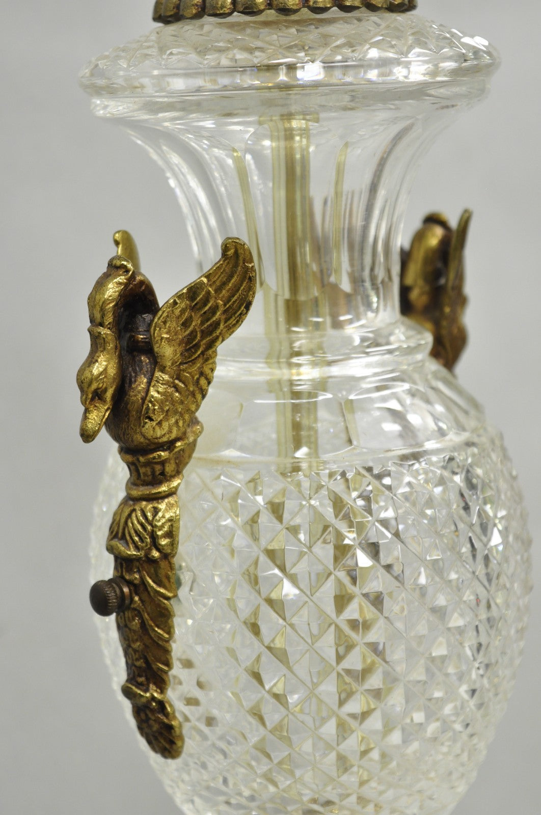 French Empire Regency Baccarat Style Glass Crystal Urn Table Lamp w/ Brass Swans