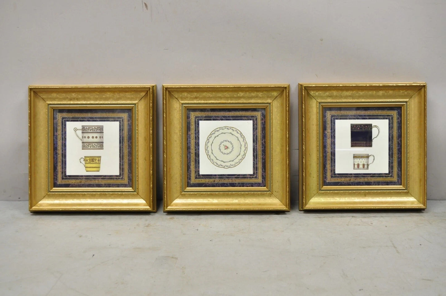 Vintage Artistic Innovations Gold Framed Wall Art Print Plate and Cups, 3 Pc Set