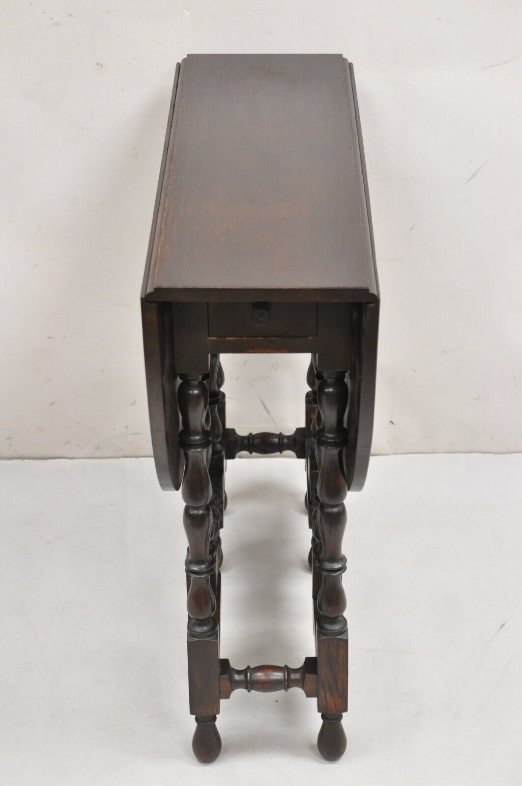 Antique English Jacobean Oak Wood Barley Twist Small Oval Drop Leaf Table