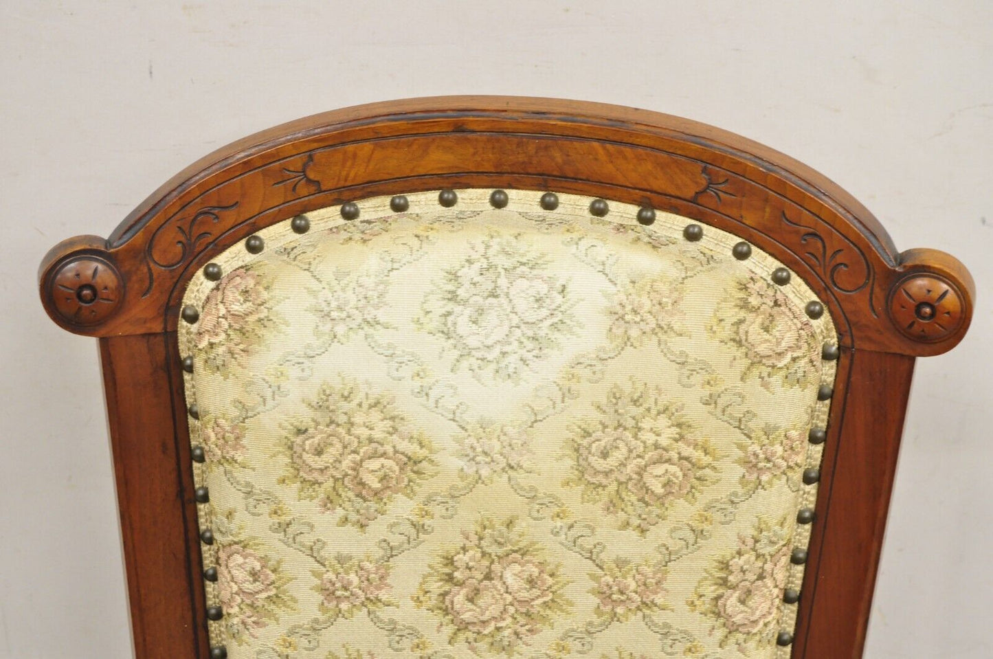 Antique Victorian Carved Walnut Tapestry Upholstered Parlor Lounge Arm Chair