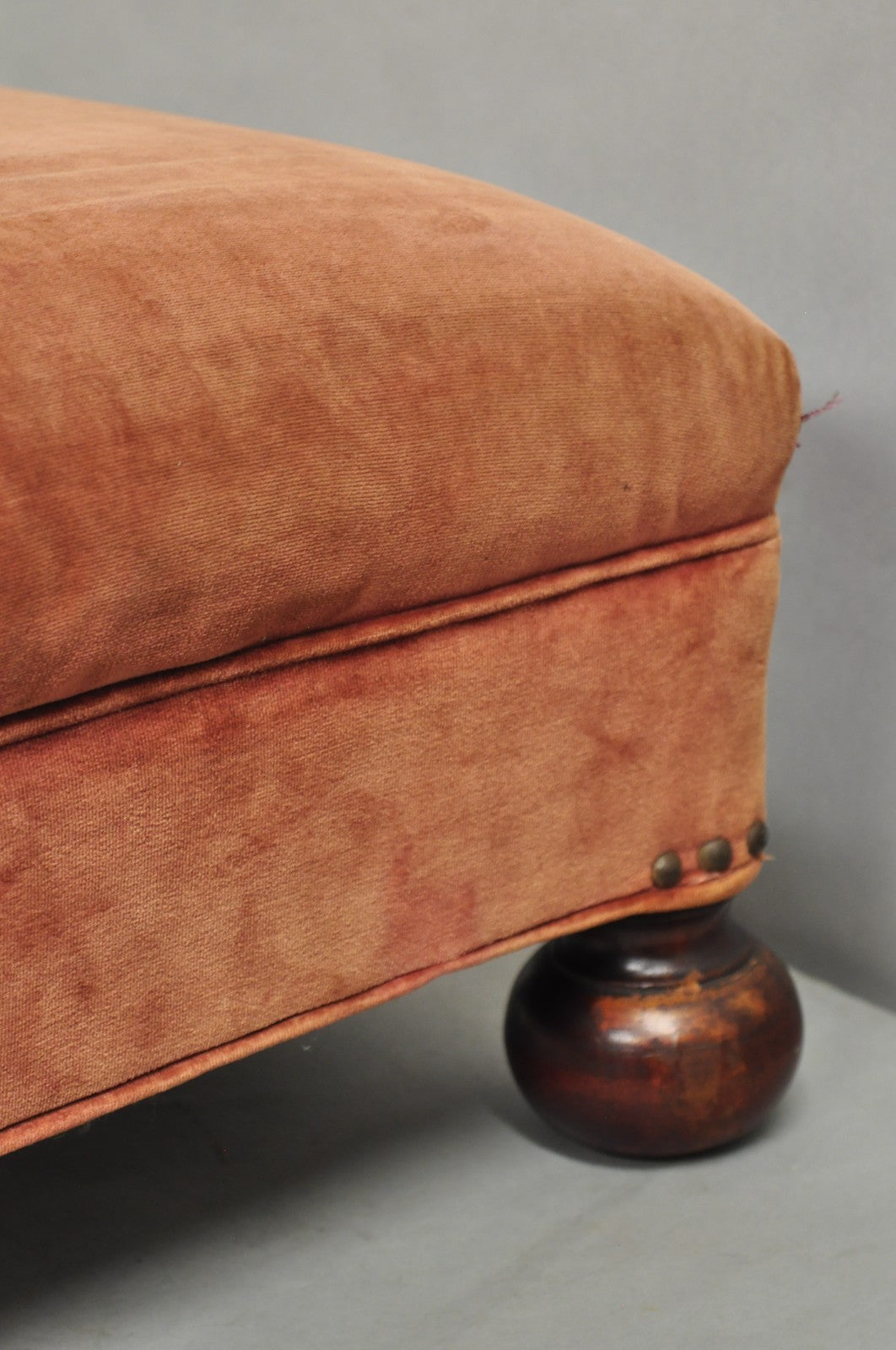 Vintage Jacobean William & Mary Walnut Bun Feet Upholstered Ottoman Footstool