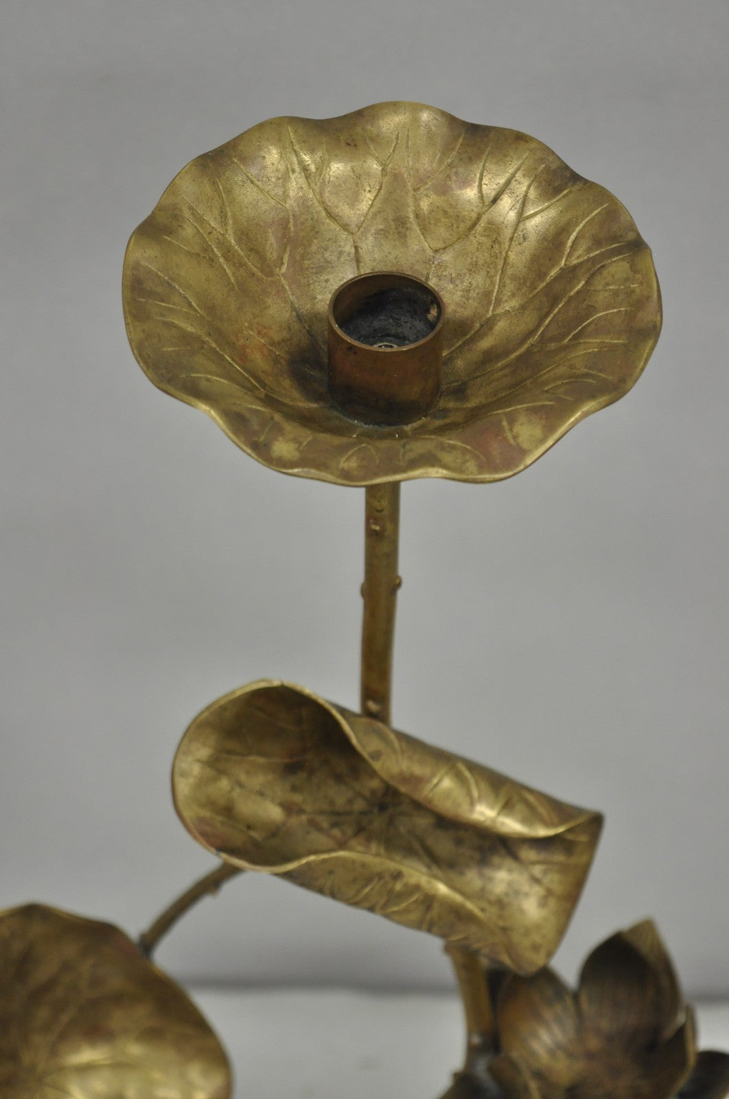 Vintage Hollywood Regency Brass Lotus Leaf Lily Pad Single Candlestick Holder