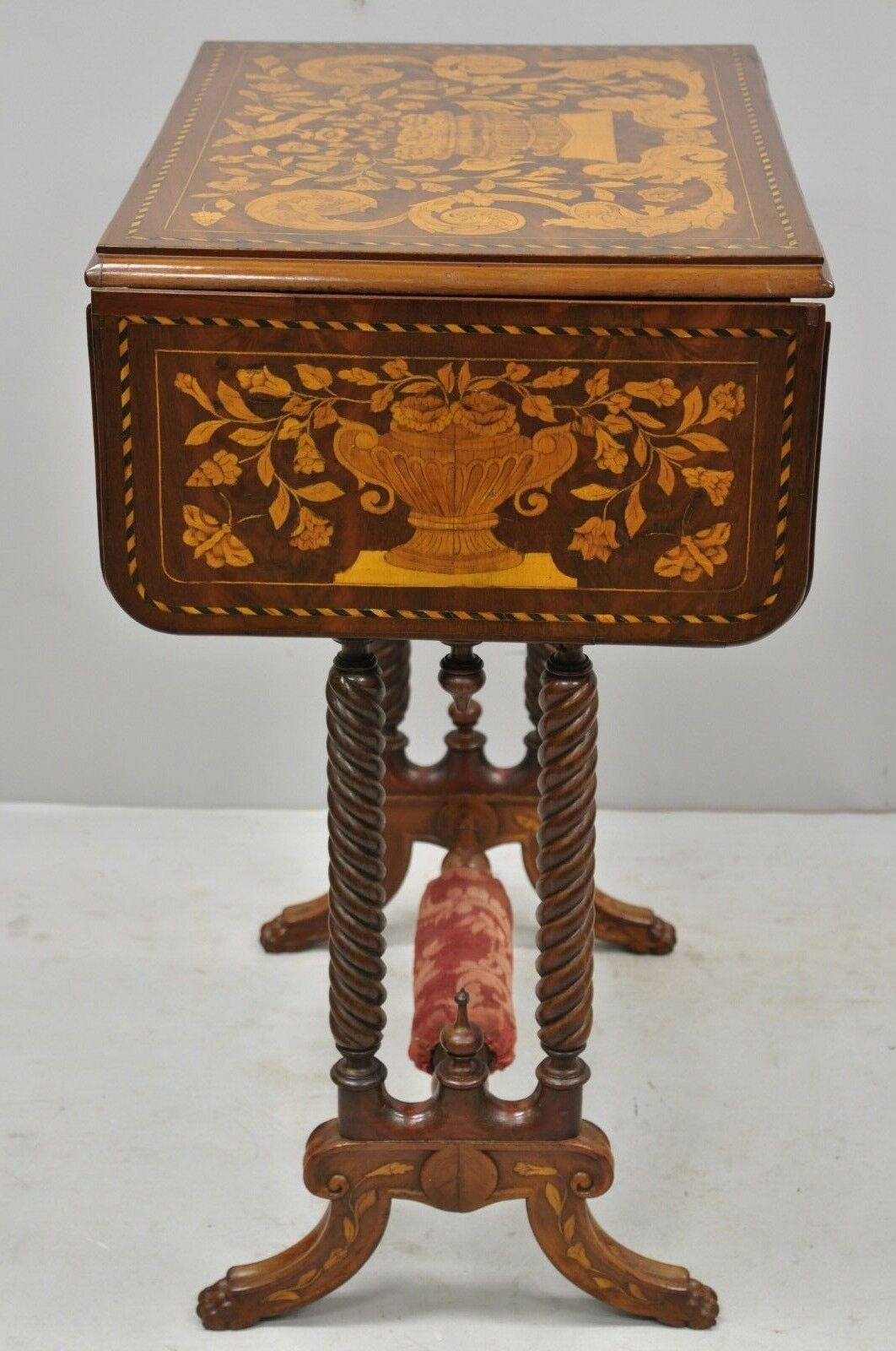 19th C. Dutch Marquetry Inlaid Regency Style Drop Leaf Sewing Stand Work Table