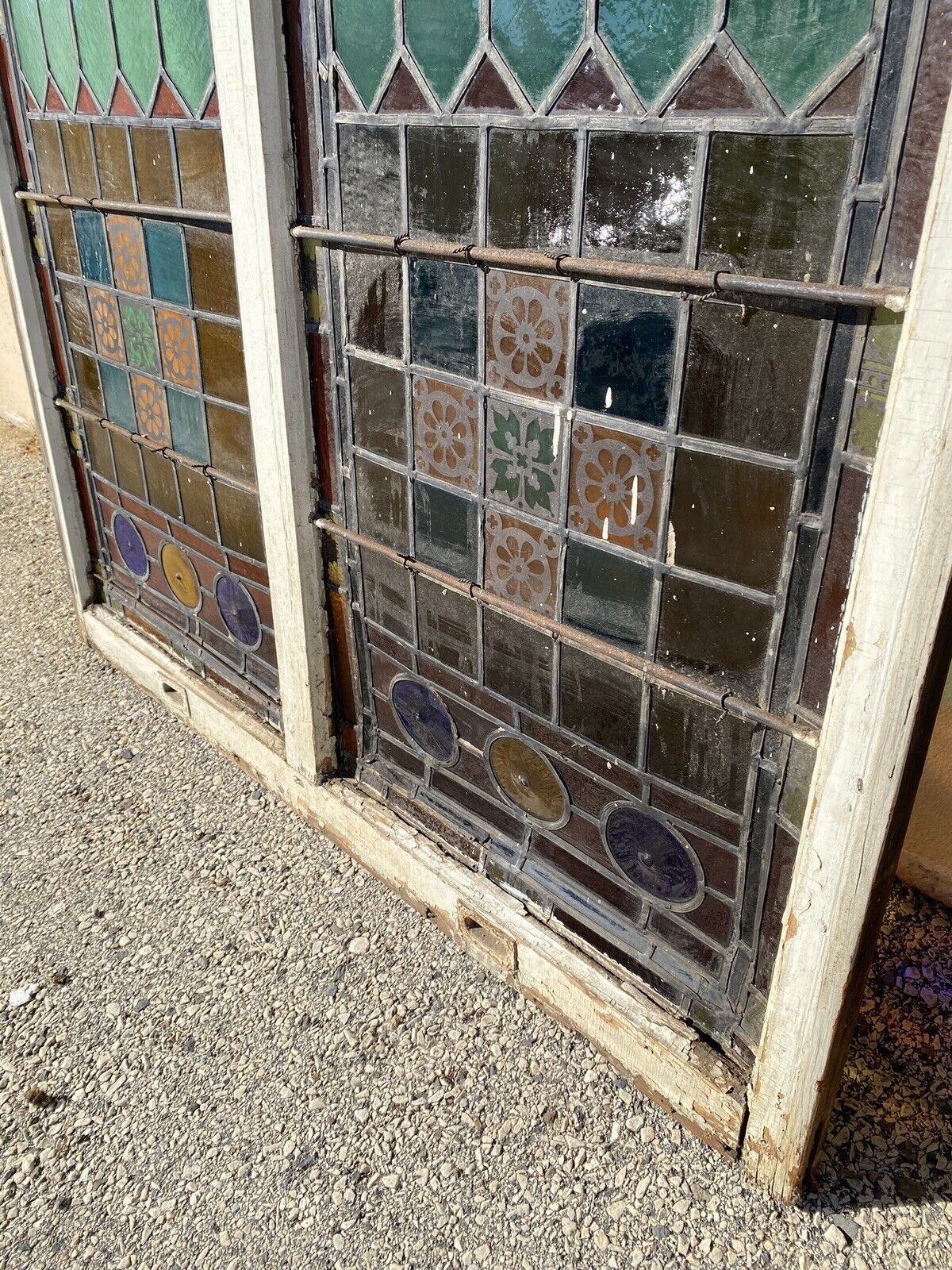 Antique Victorian 70 x 48 Double Stained Glass Window Pink Blue Green Jeweled