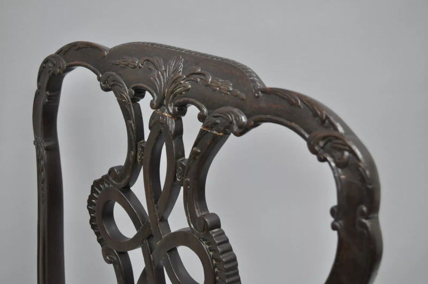 Antique Georgian Style Carved Ribbon Back Solid Mahogany Dining Side Chair (C)