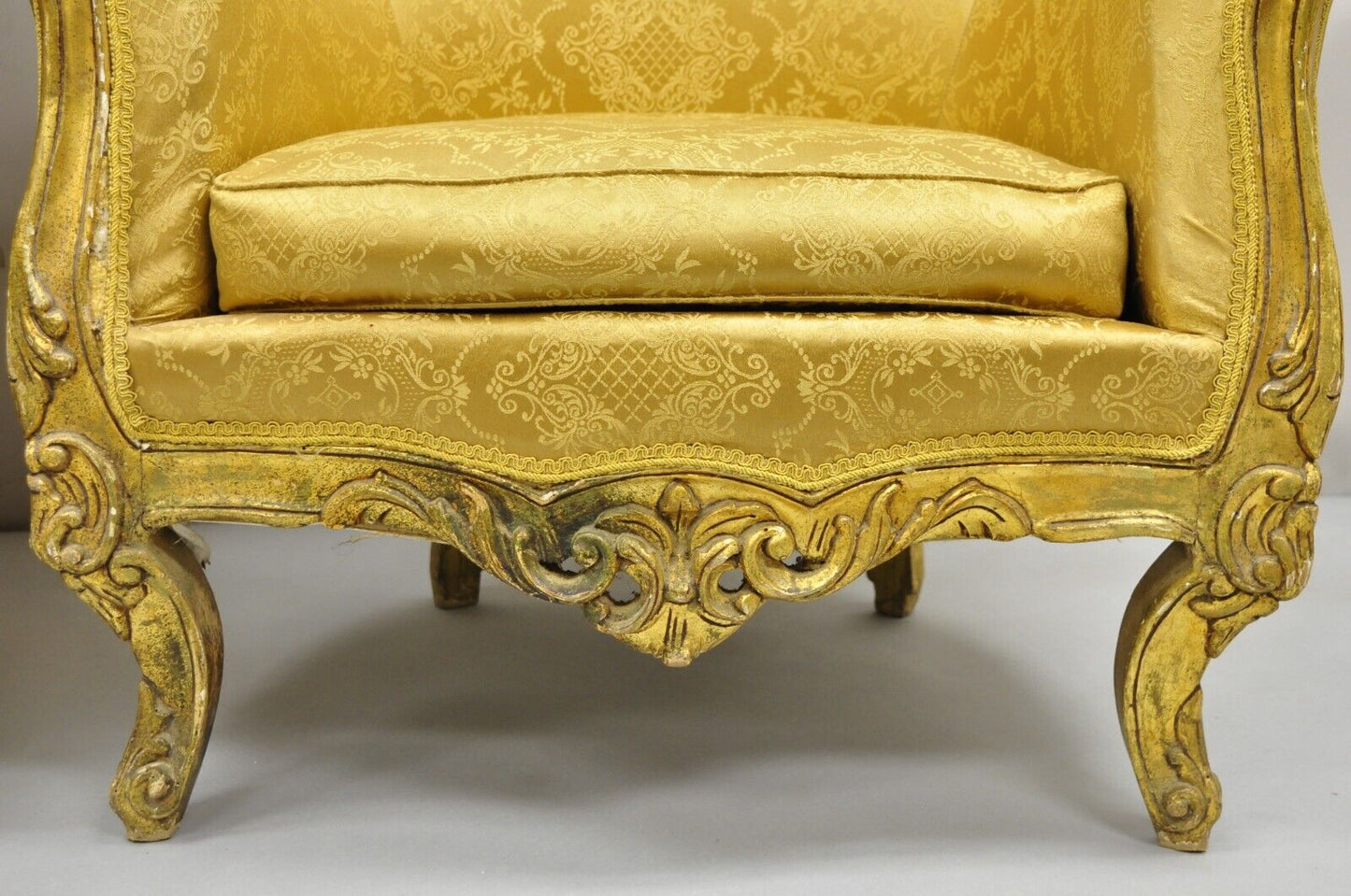 Vintage French Baroque Style Gold Giltwood Upholstered Bergere Club Chair - Pair