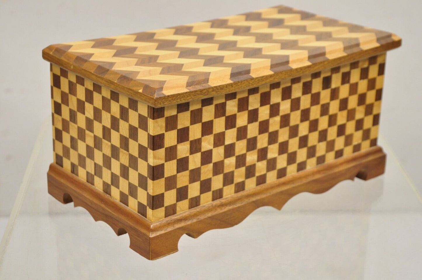 Arts & Crafts Mahogany Wood Checkerboard Inlay Handmade Trinket Jewelry Box