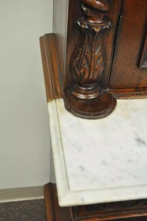 19th C. French Renaissance Carved Walnut Marble Top Bookcase Buffet Cabinet