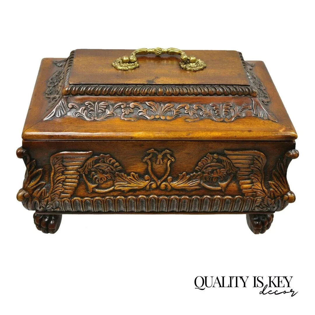 French Empire Rococo Style Carved Mahogany Paw Foot Jewelry Vanity Trinket Box