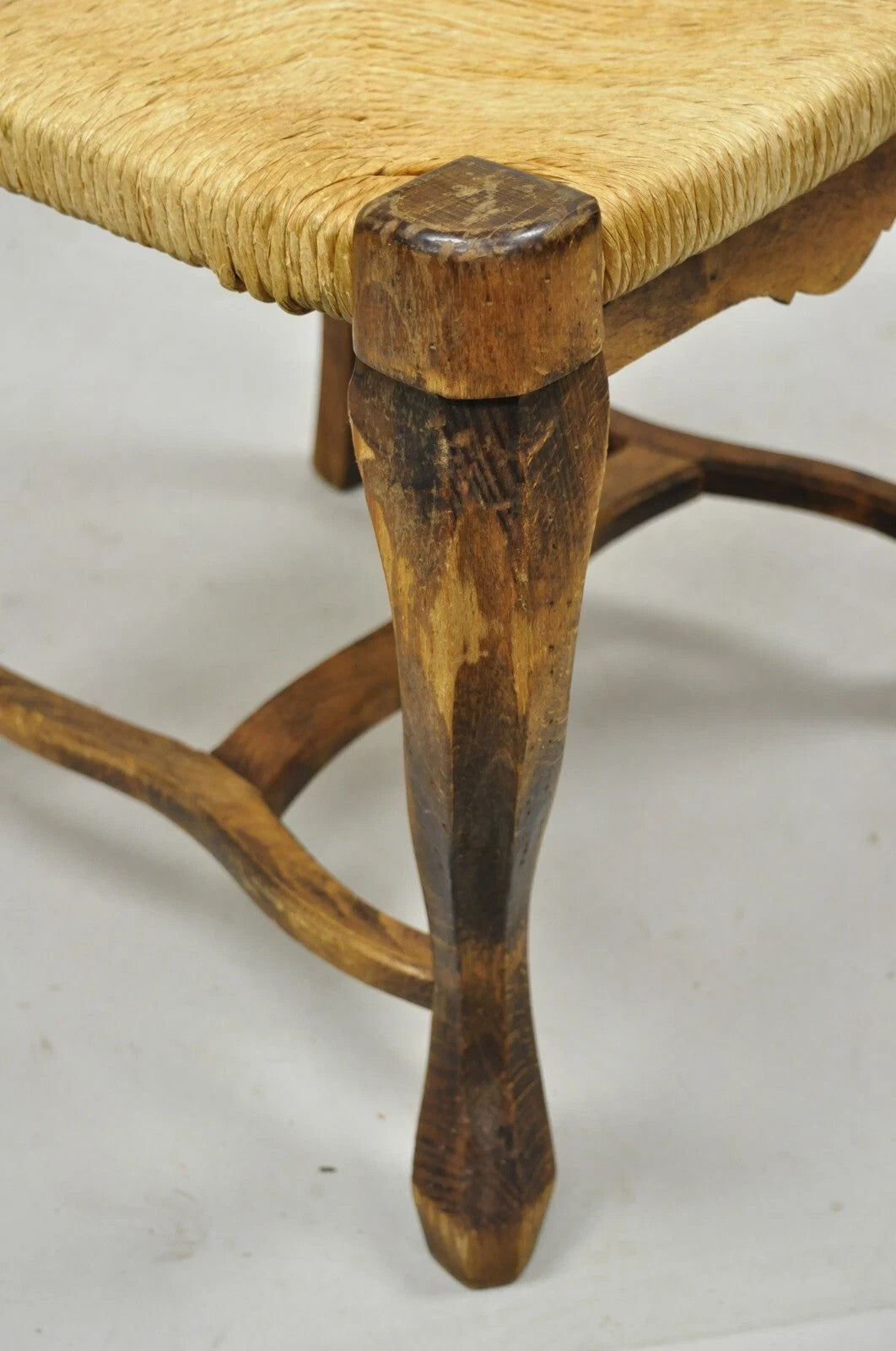 Vintage French Country Distressed Wood Ladder Back Rush Seat Side Chair