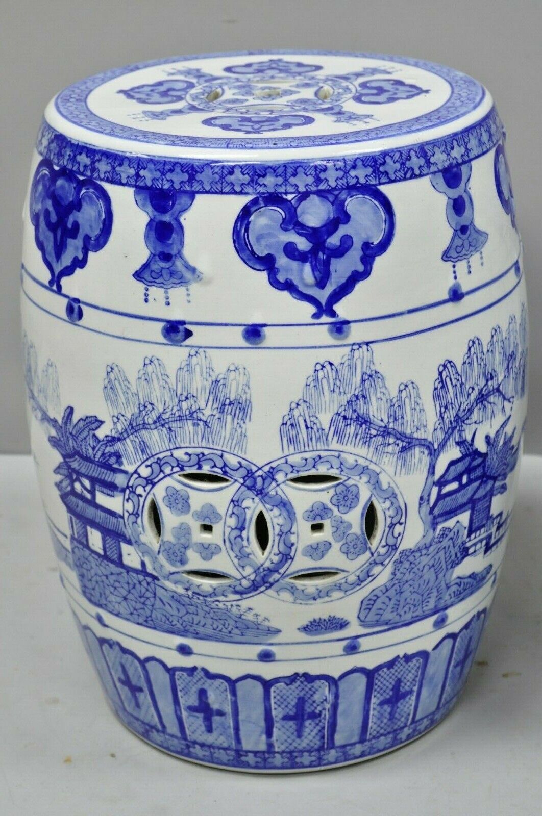 Pair of Blue & White Porcelain Chinese Oriental Drum Garden Seat Pedestal