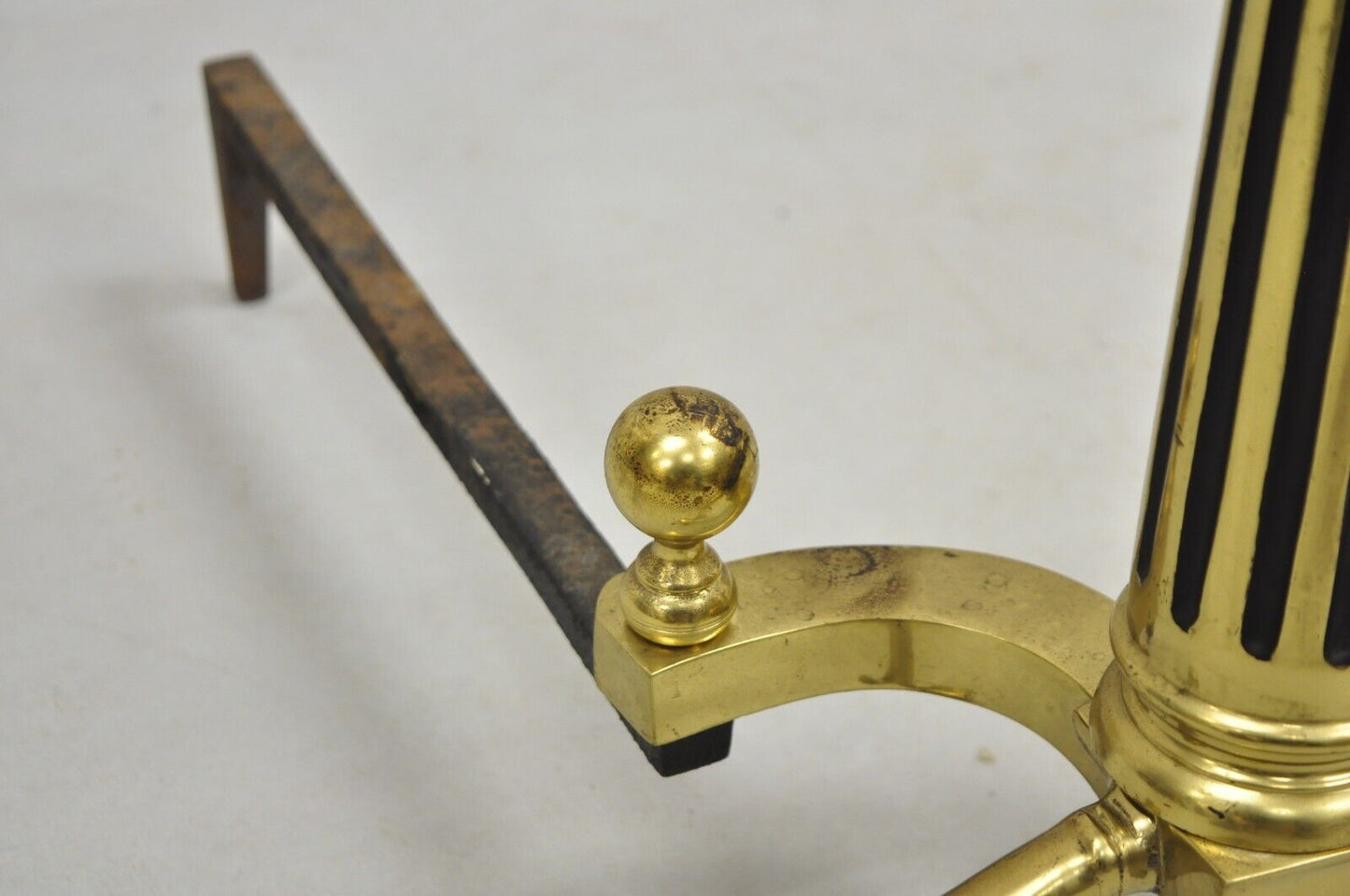 Vintage French Empire Style Brass Cannonball Column Form Branch Foot Andirons