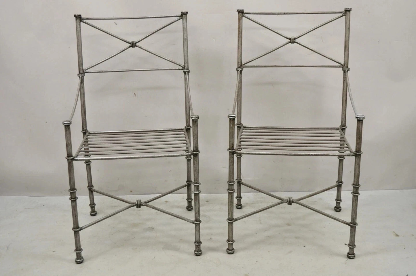 Pier 1 Medici Pewter Wrought Iron Neoclassical Style Dining Side Chairs - a Pair