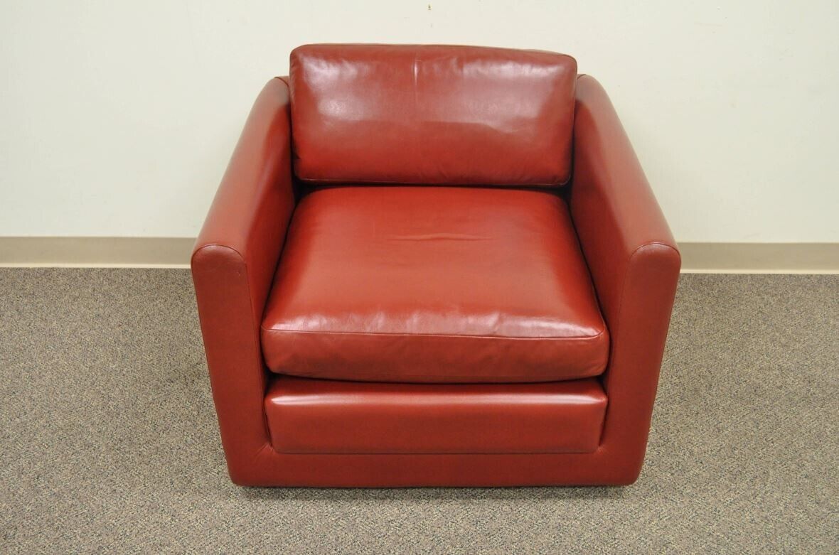 Vintage Mid Century Modern Red Leather Cube Club Lounge Chair on Casters