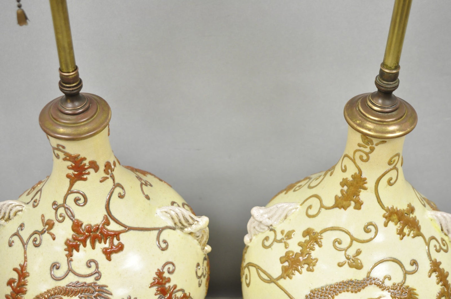 Antique Japanese Ceramic Beige Figural Dragon Vase Form Table Lamps - a Pair