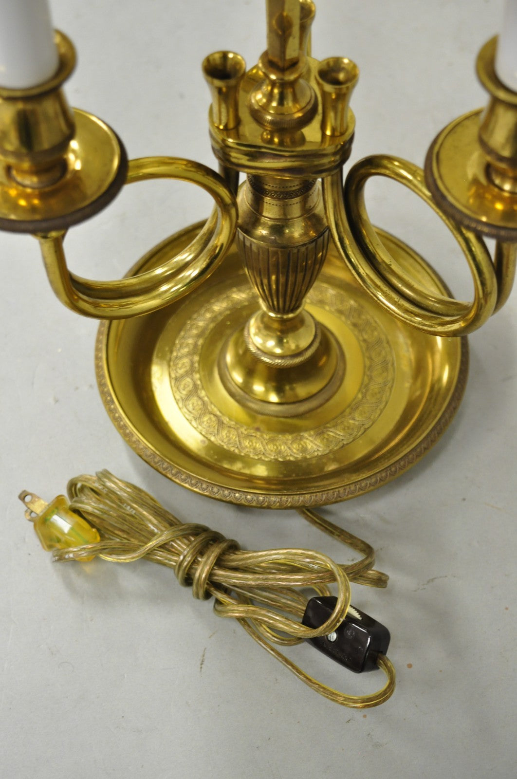 French Country Empire Brass Trumpet Arm Red Tole Shade Bouillotte Desk Lamp