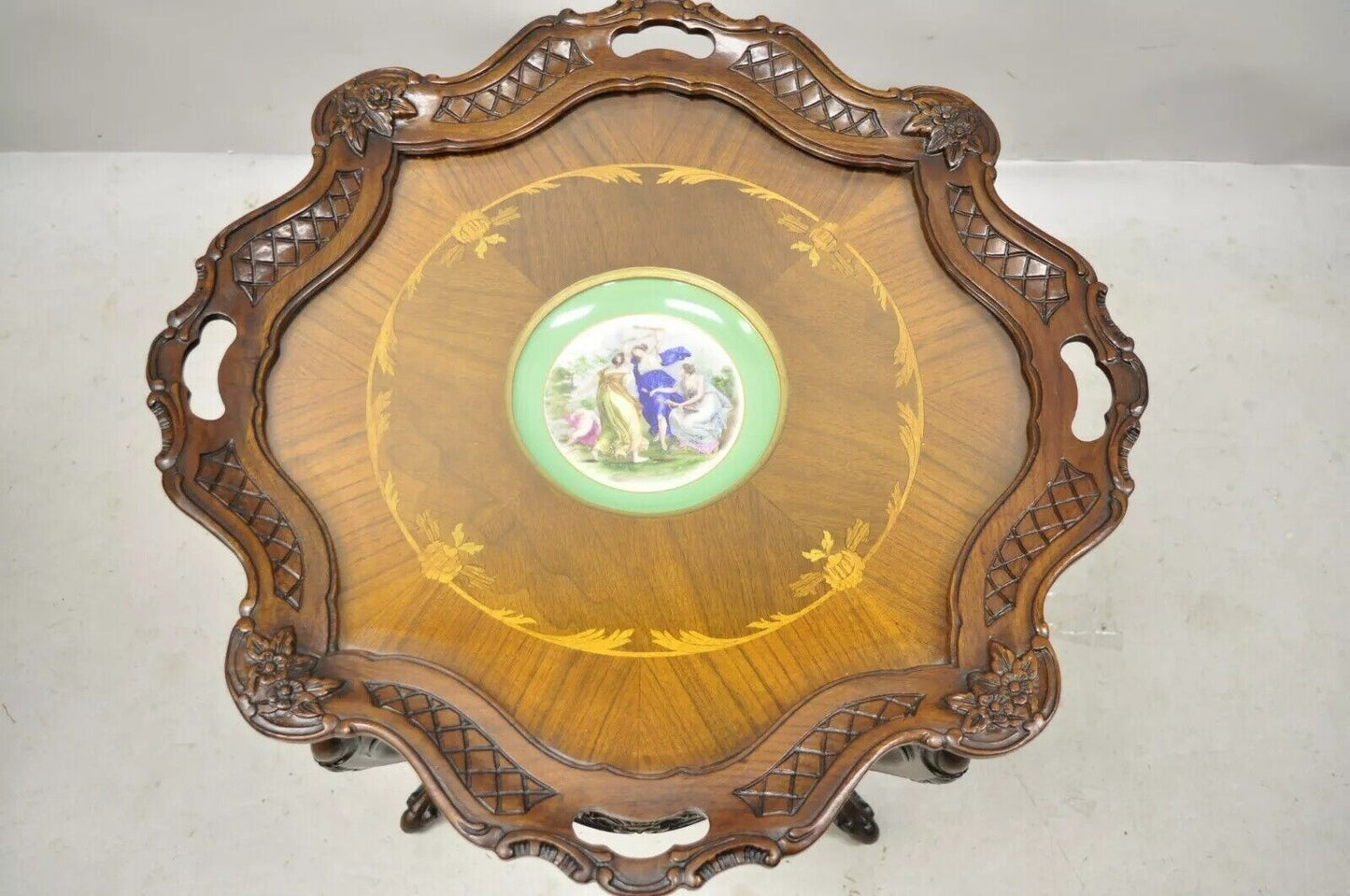 Antique French Louis XV Walnut Coffee Table w/ Angelica Kauffman Porcelain Dish
