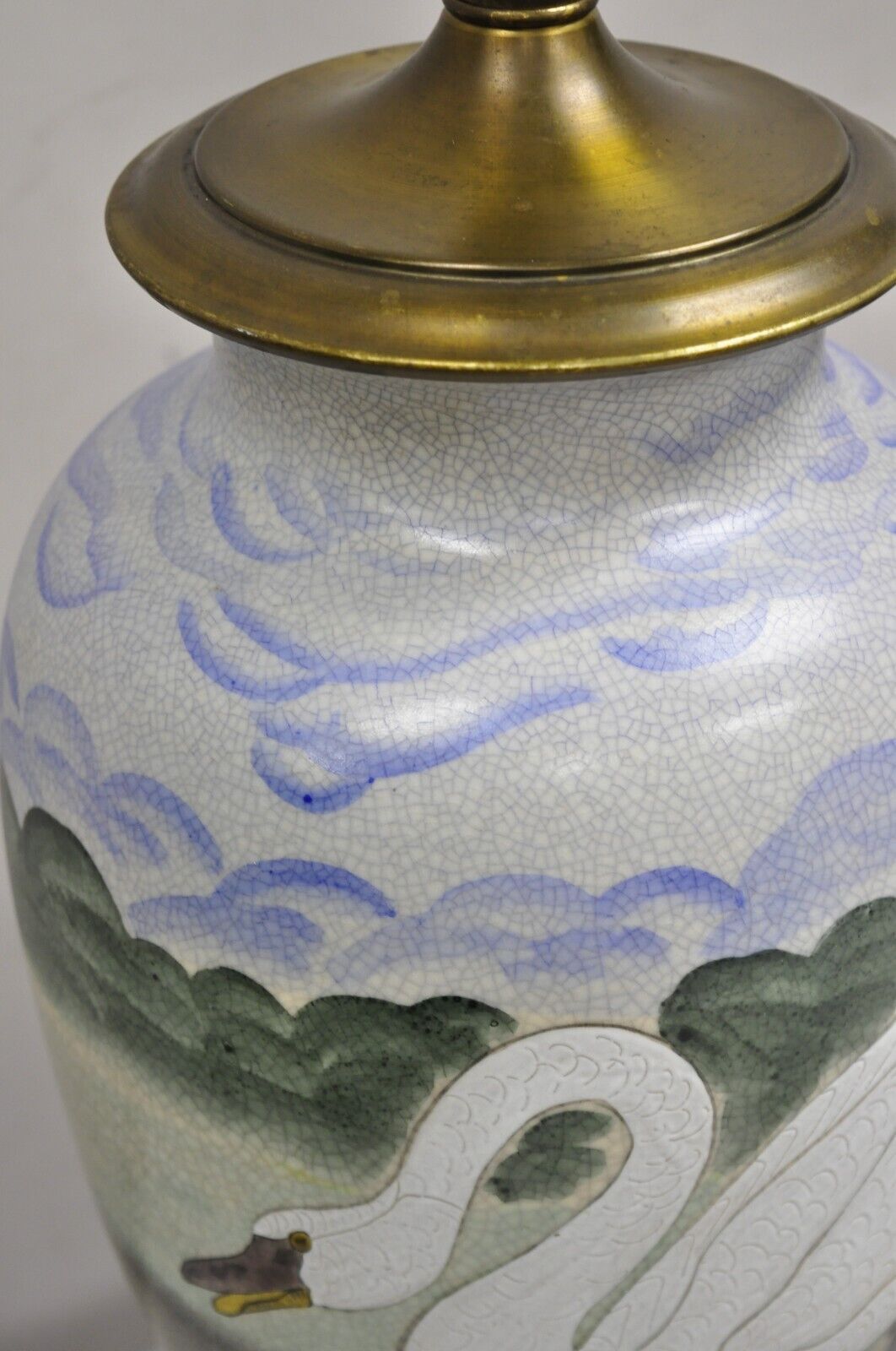 Vintage Chinoiserie Painted Swan Porcelain Ginger Jar Table Lamps - a Pair