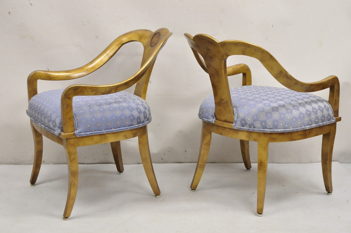 Vintage Italian Hollywood Regency Gold Gilt Wood Saber Leg Lounge Chairs - Pair