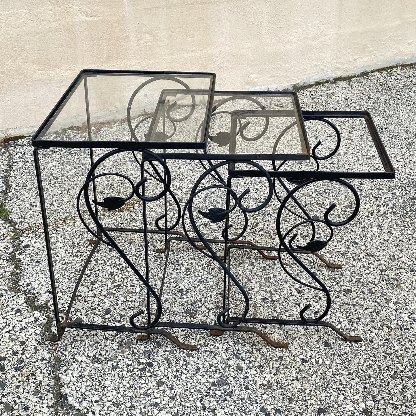 Vintage Art Nouveau Salterini Wrought Iron Garden Nesting Side Tables - 3 Pc Set
