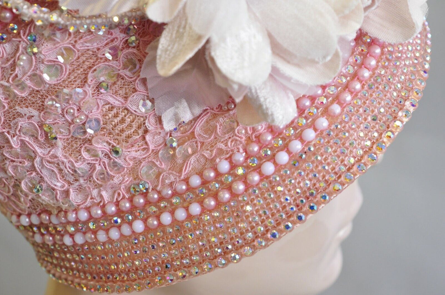 Shellie McDowell Pink Lace Iridescent Pearl Rhinestones Church Derby Crown Hat