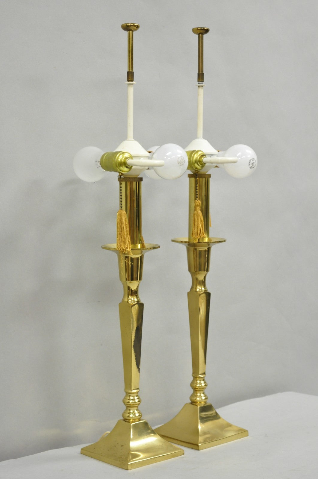 Hollywood Regency Tommi Parzinger Style Brass Candlestick Table Lamp Pair