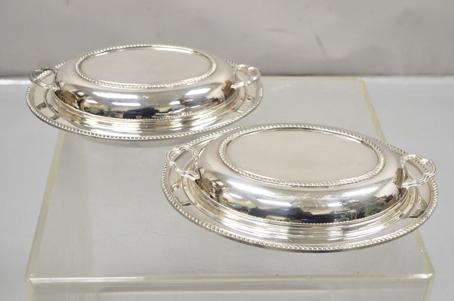 Vintage Poole Silver Co Silver Plated Lidded Serving Platter Dish - a Pair