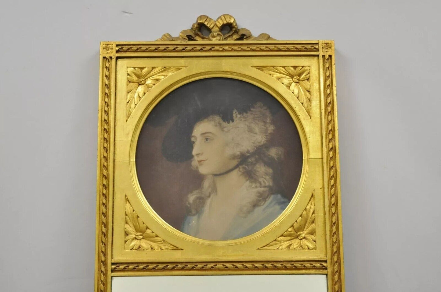 Antique French Louis XV Style Gold Gilt Wood Trumeau Mirror with Portrait Print