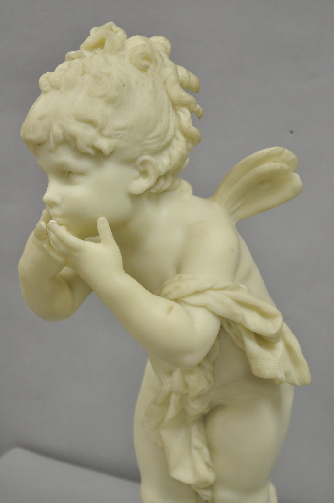 Vintage Neoclassical Faux Marble Cast Resin 25" Winged Cherub Putti Sculpture