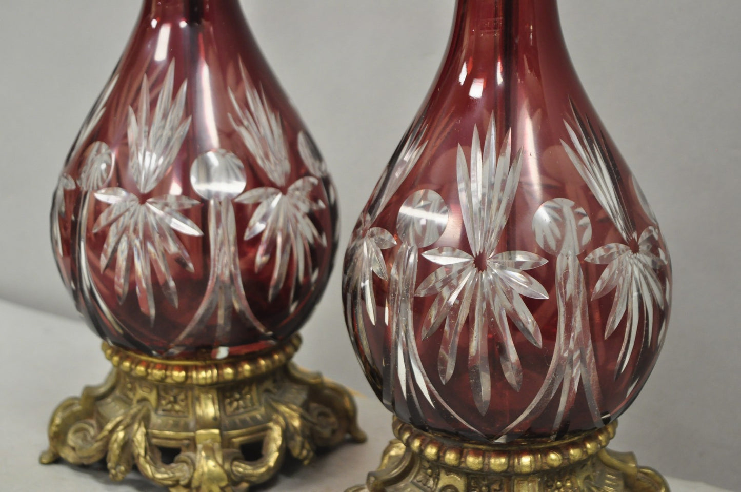 Antique Bohemian Cranberry Ruby Red Cut to Clear Glass Table Lamps - a Pair