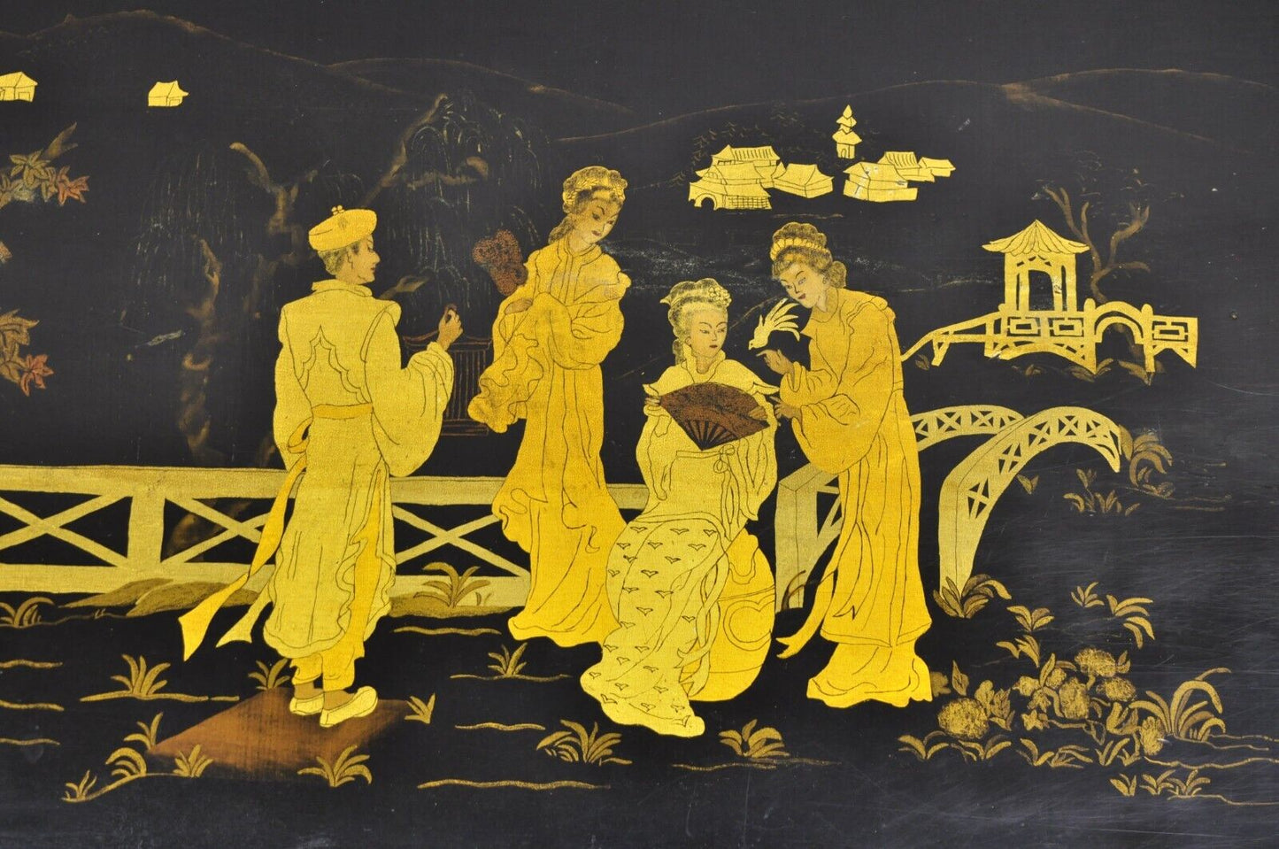 Vintage Chinoiserie Asian Inspired Black Painted Gold Gilt Trestle Coffee Table